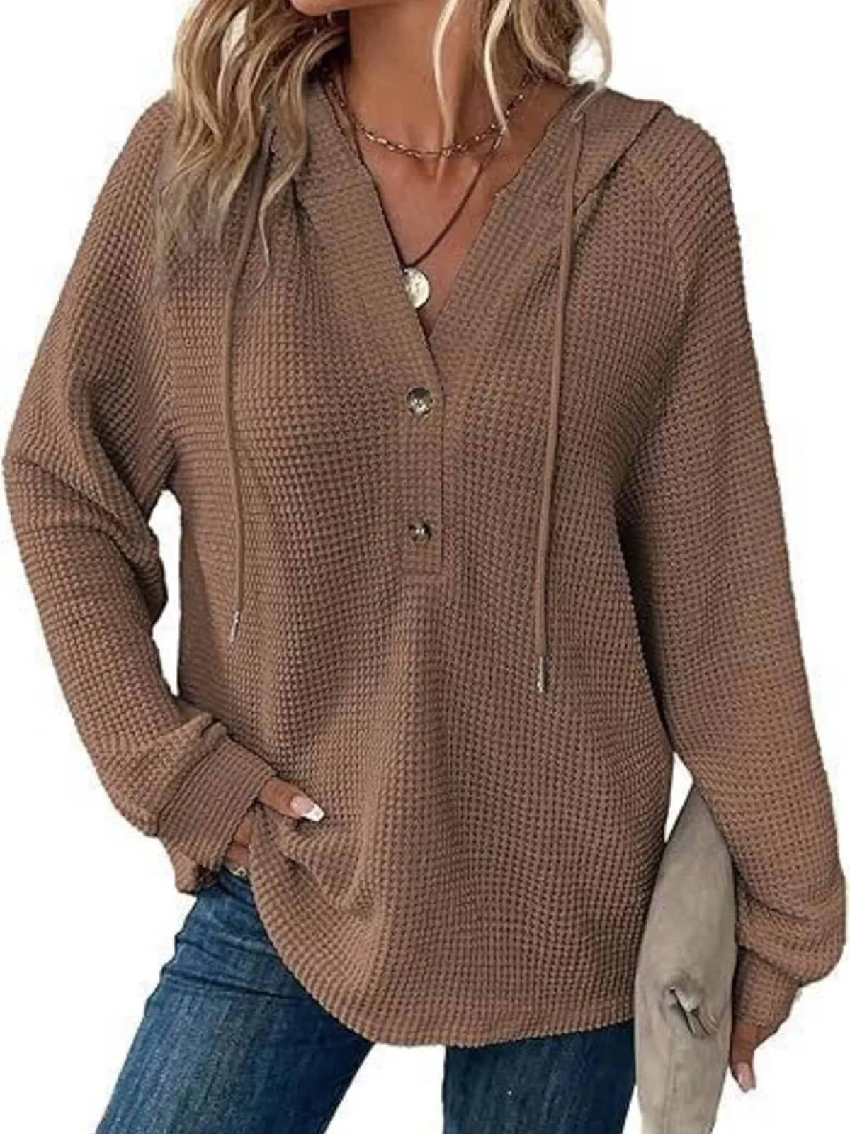 Full Size Waffle Knit Half-Button Hoodie Plus Size - WYNFLARE