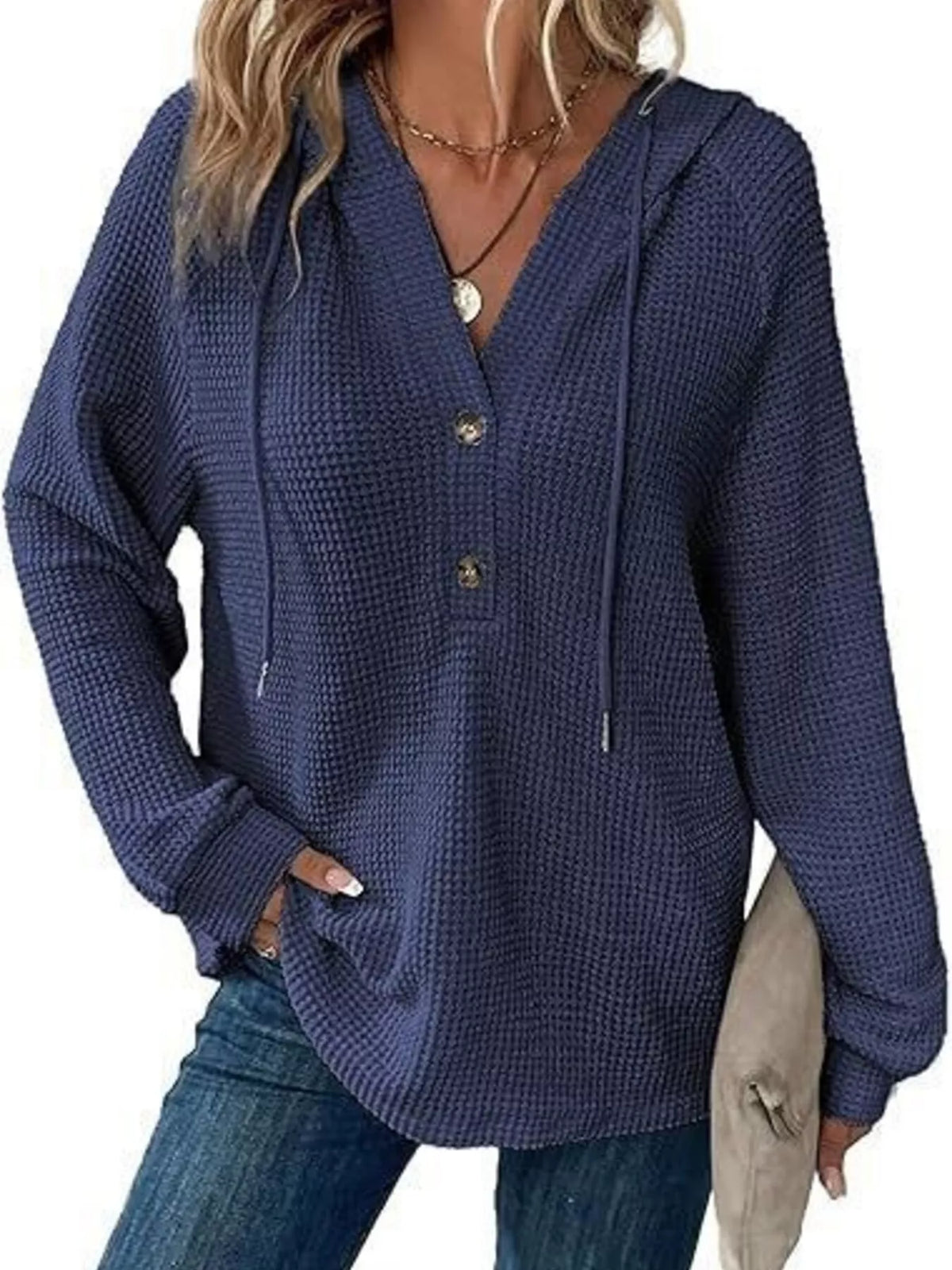 Full Size Waffle Knit Half-Button Hoodie Plus Size - WYNFLARE