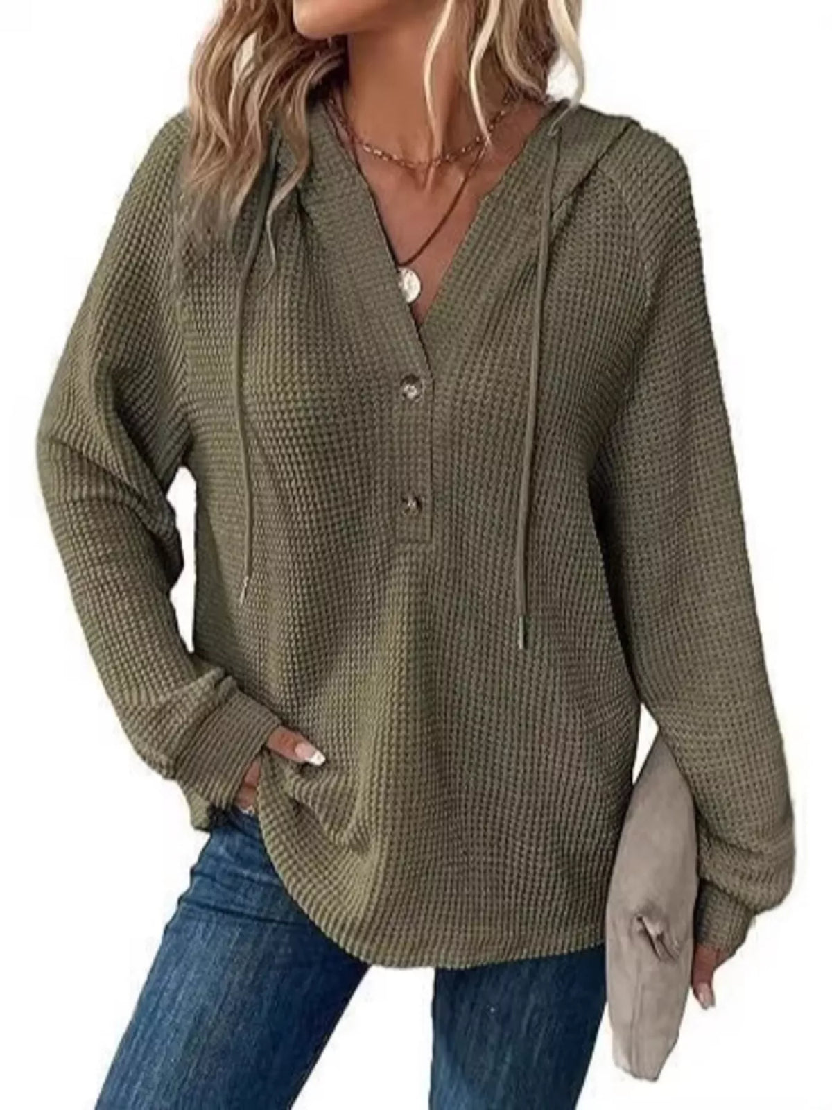 Full Size Waffle Knit Half-Button Hoodie Plus Size - WYNFLARE