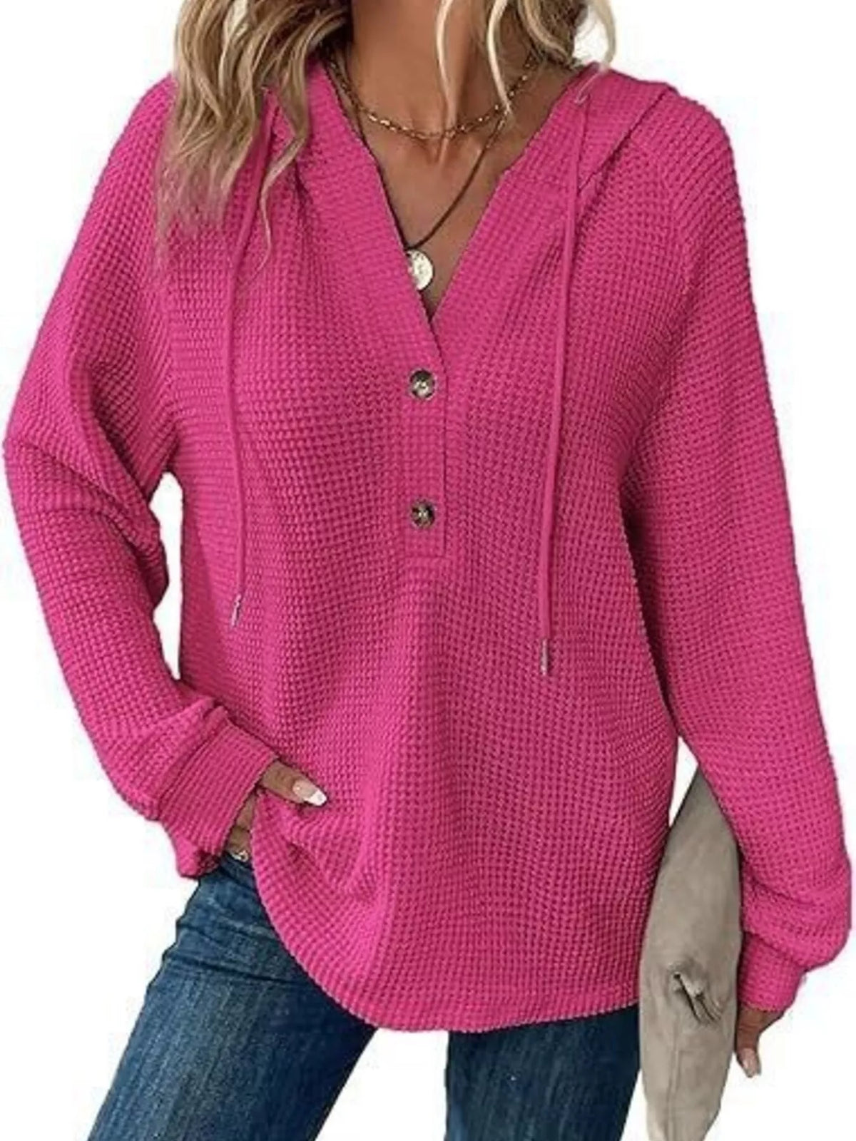 Full Size Waffle Knit Half-Button Hoodie Plus Size - WYNFLARE
