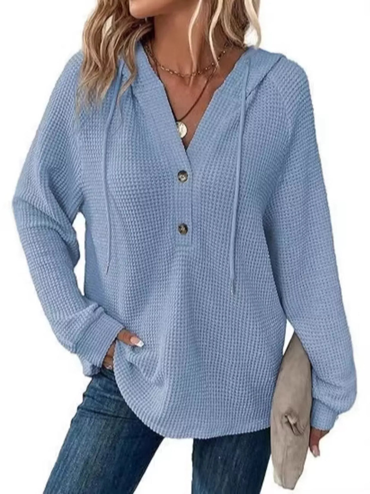 Full Size Waffle Knit Half-Button Hoodie Plus Size - WYNFLARE