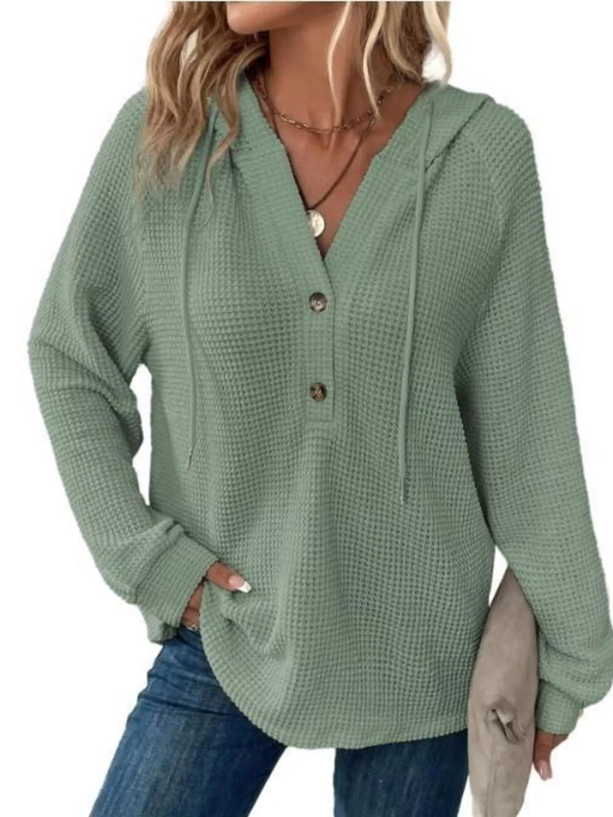 Full Size Waffle Knit Half-Button Hoodie Plus Size - WYNFLARE