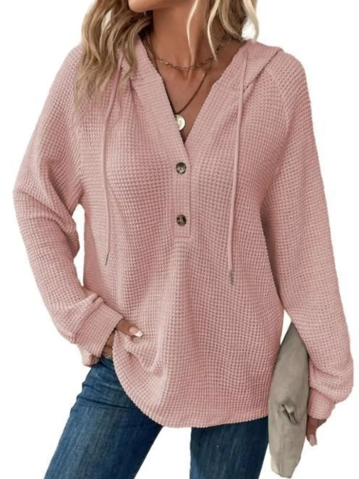 Full Size Waffle Knit Half-Button Hoodie Plus Size - WYNFLARE