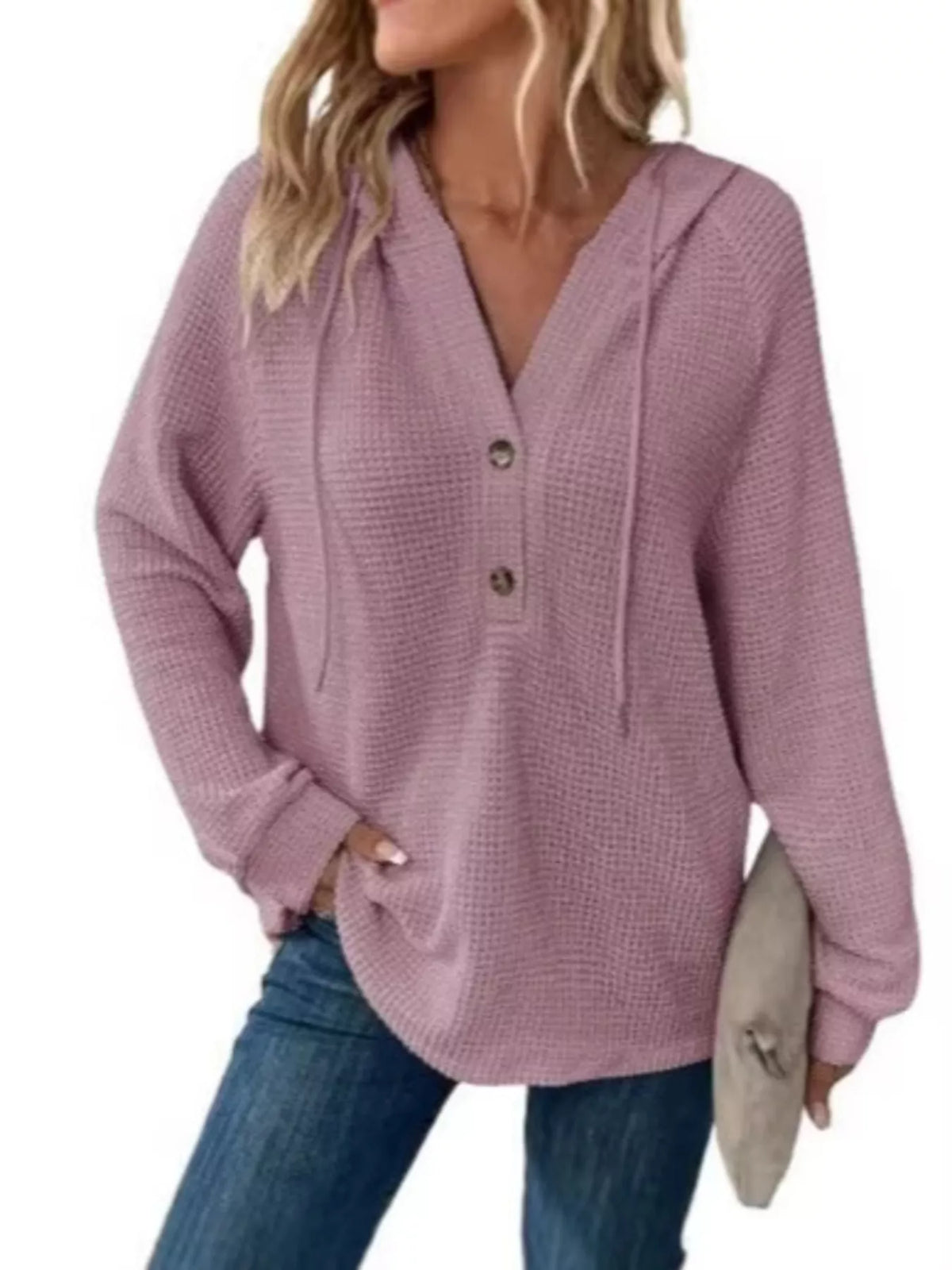 Full Size Waffle Knit Half-Button Hoodie Plus Size - WYNFLARE