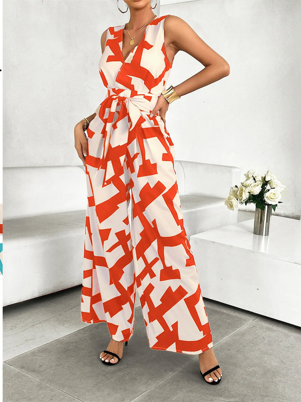 Geometric Print Wide-Leg Belted Jumpsuit - WYNFLARE