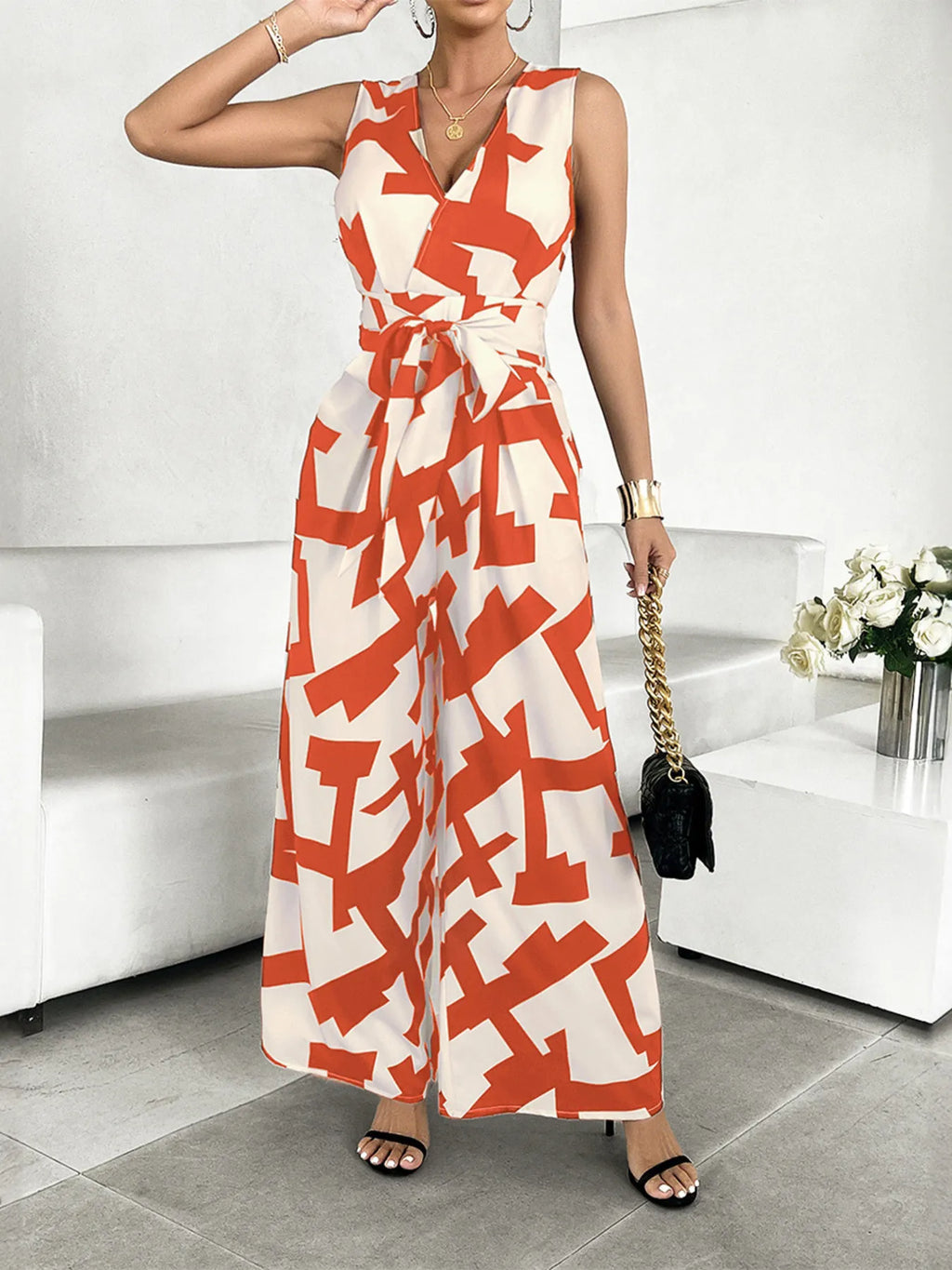 Geometric Print Wide-Leg Belted Jumpsuit - WYNFLARE