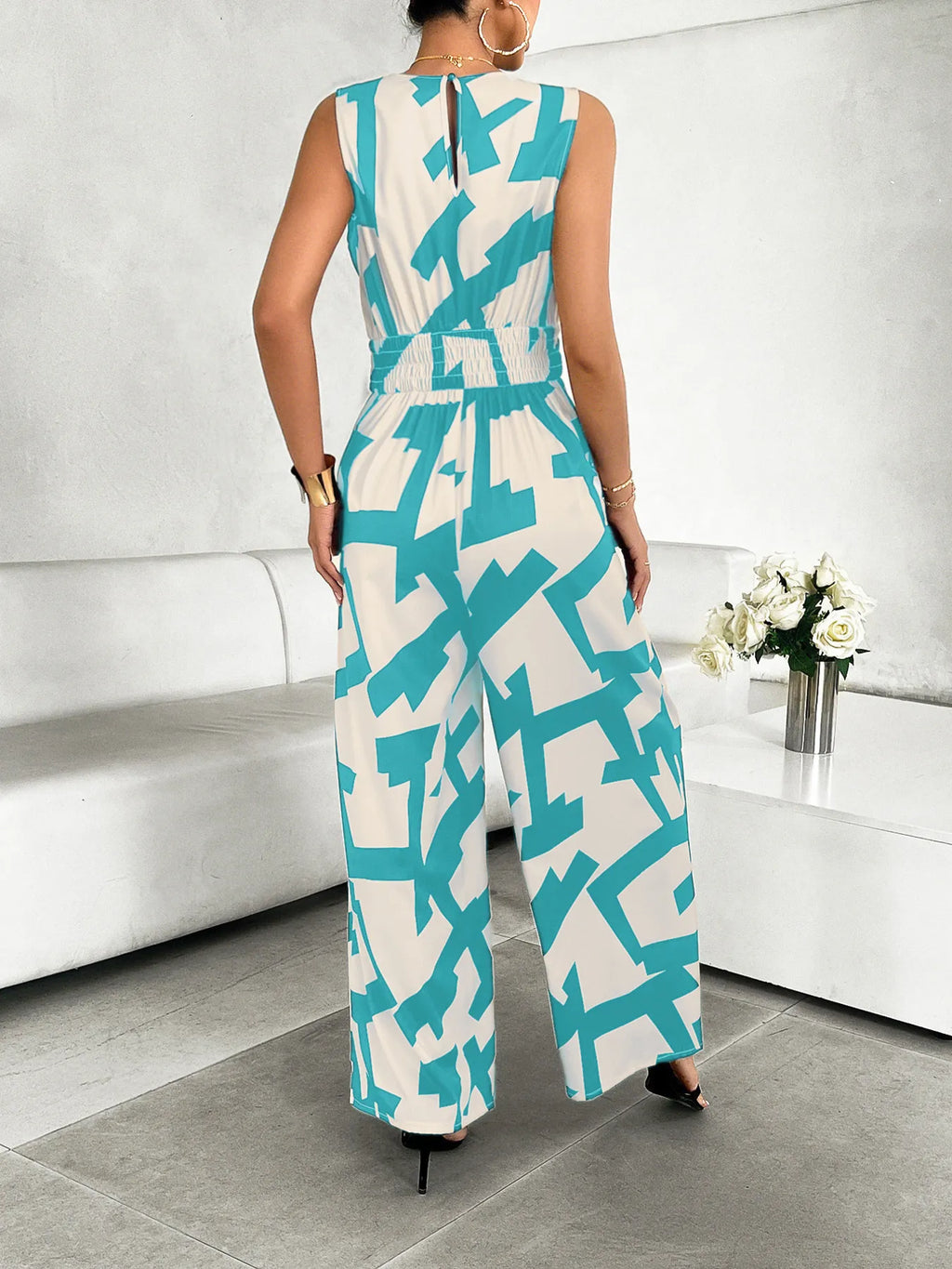 Geometric Print Wide-Leg Belted Jumpsuit - WYNFLARE