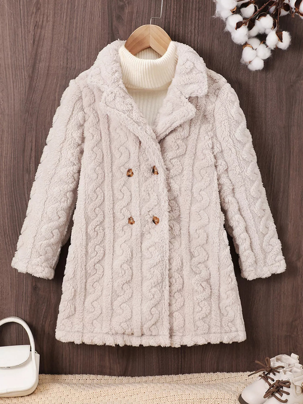 Girls Double-Breasted Textured Coat – Cozy & Stylish Kids' Outerwear - WYNFLARE