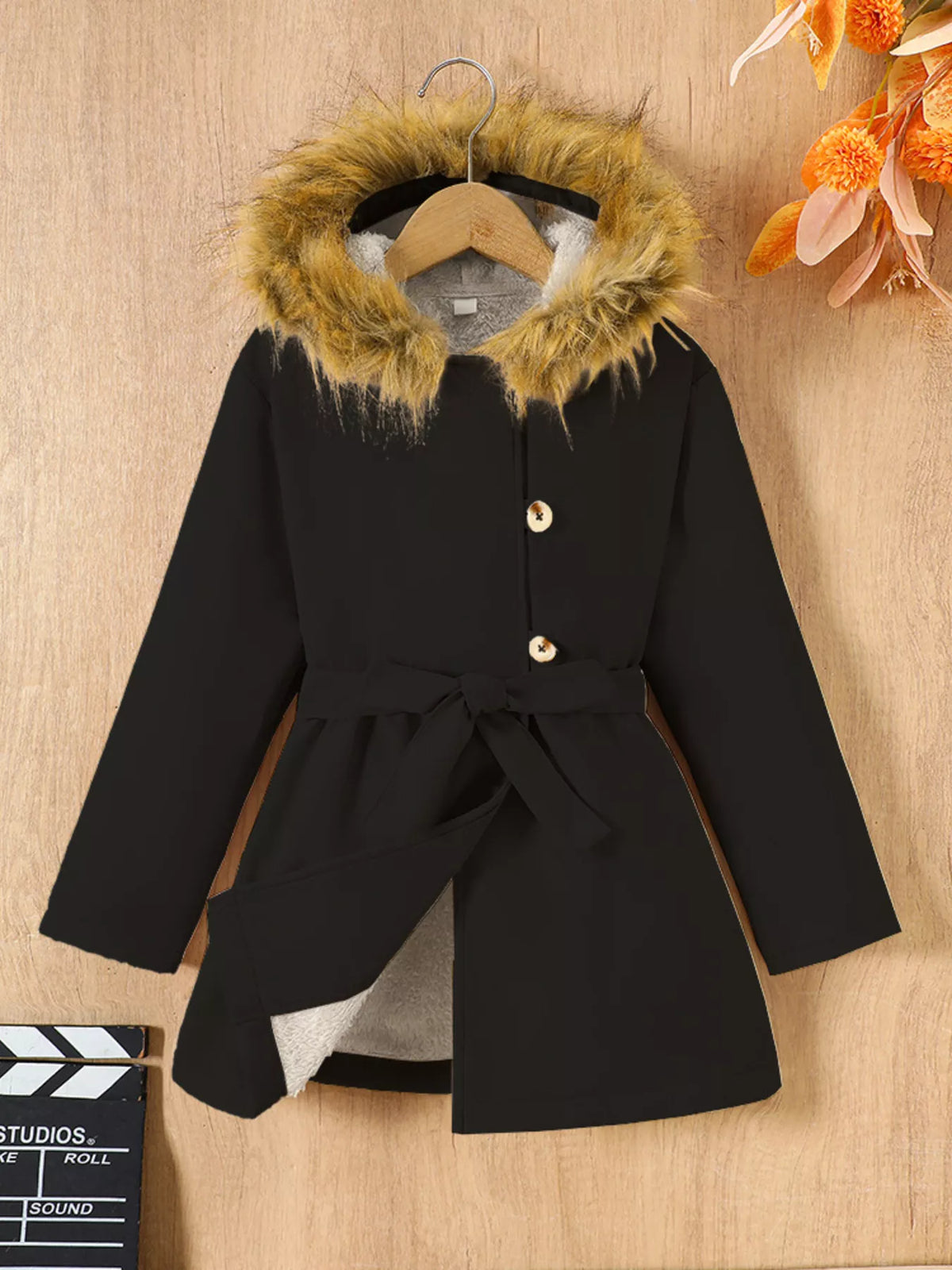 Girls Faux Fur Hooded Coat with Tie Waist – Stylish Kids' Winter Jacket - WYNFLARE