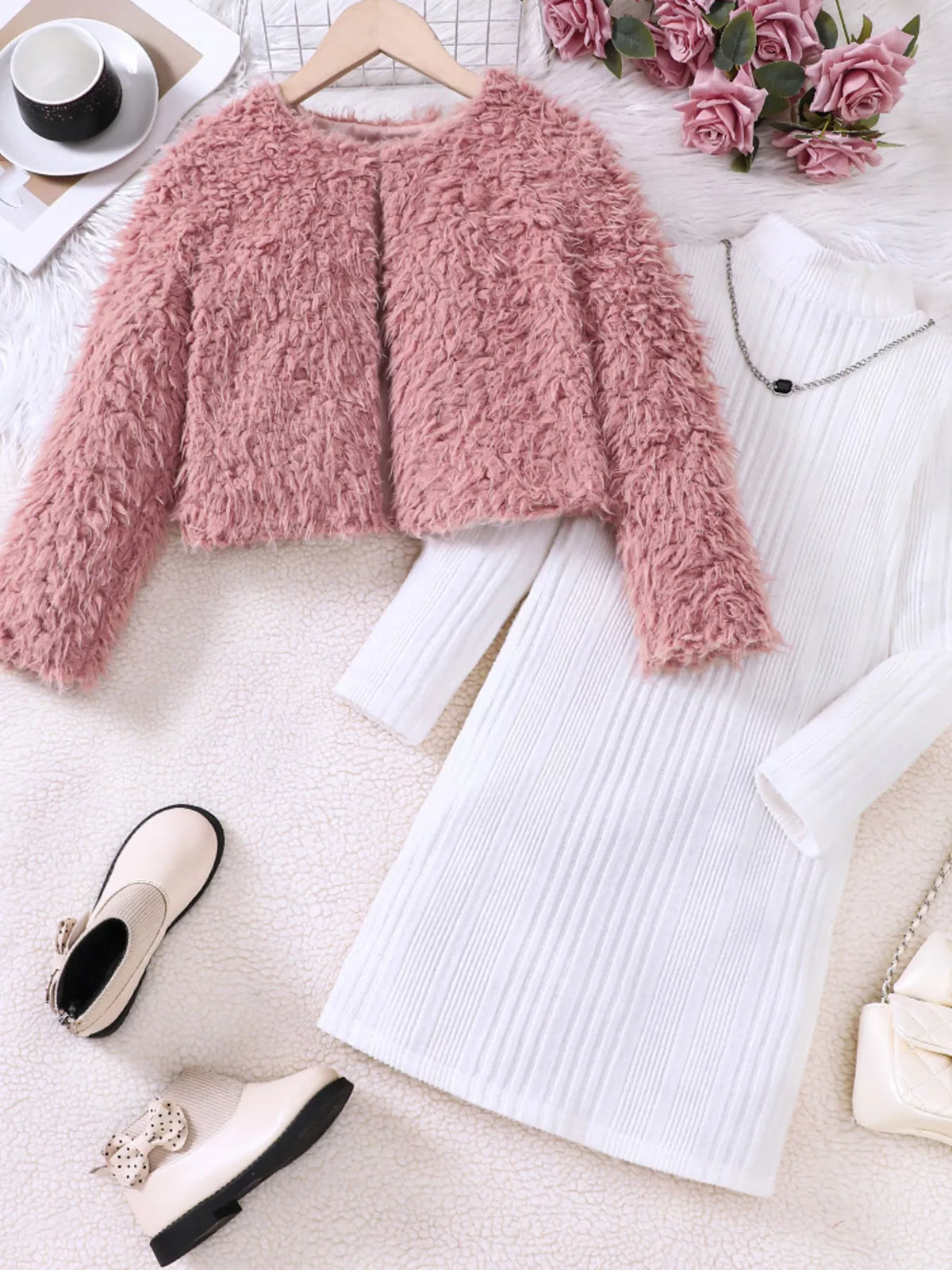 Girls Faux Fur Jacket & Ribbed Dress Set – Stylish 2-Piece Kids' Outfit - WYNFLARE