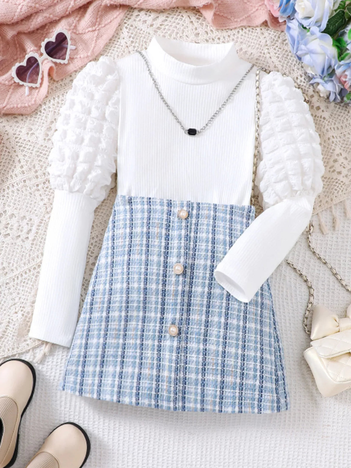 Girls Puff Sleeve Top & Plaid Skirt Set – Cute Kids' Outfit for School & Photos - WYNFLARE