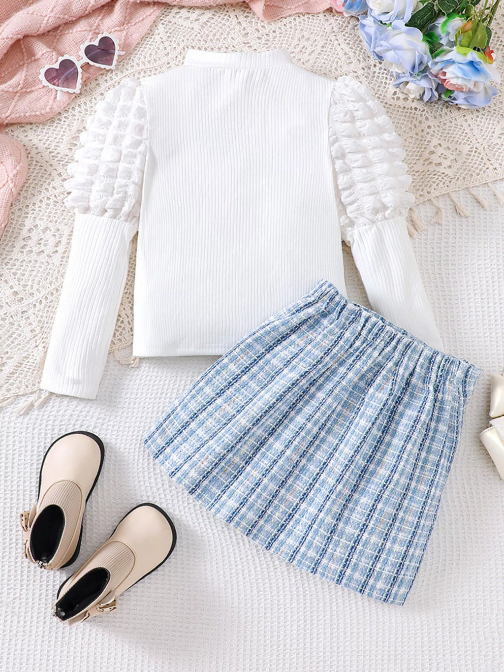 Girls Puff Sleeve Top & Plaid Skirt Set – Cute Kids' Outfit for School & Photos - WYNFLARE