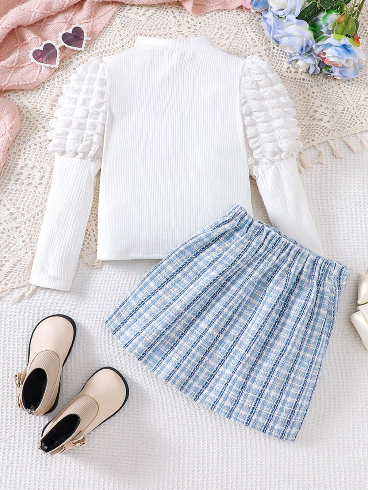 Girls Puff Sleeve Top & Plaid Skirt Set – Cute Kids' Outfit for School & Photos - WYNFLARE