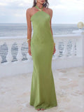 Halter Neck Satin Maxi Dress - WYNFLARE
