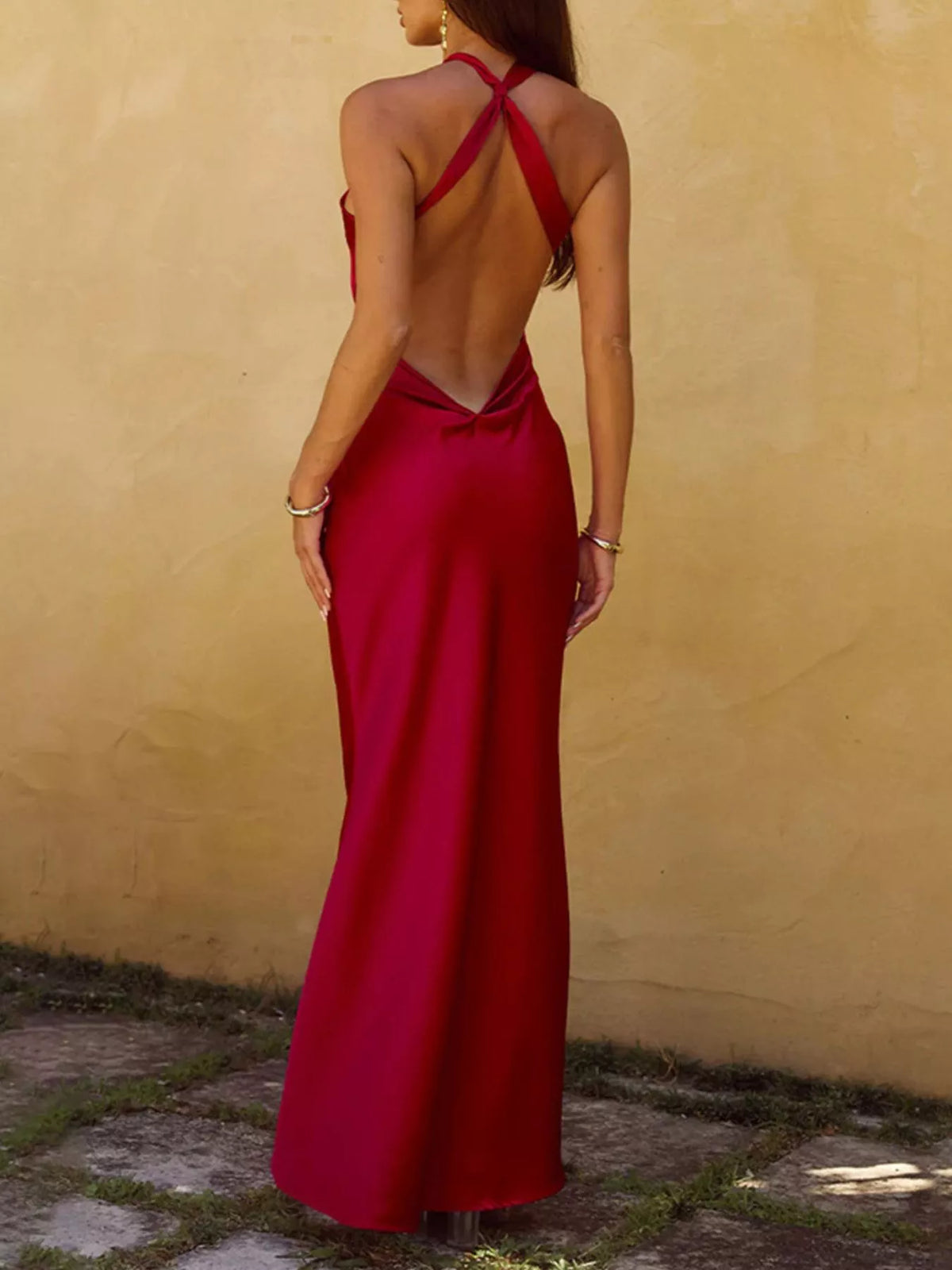 Halter Neck Satin Maxi Dress - WYNFLARE