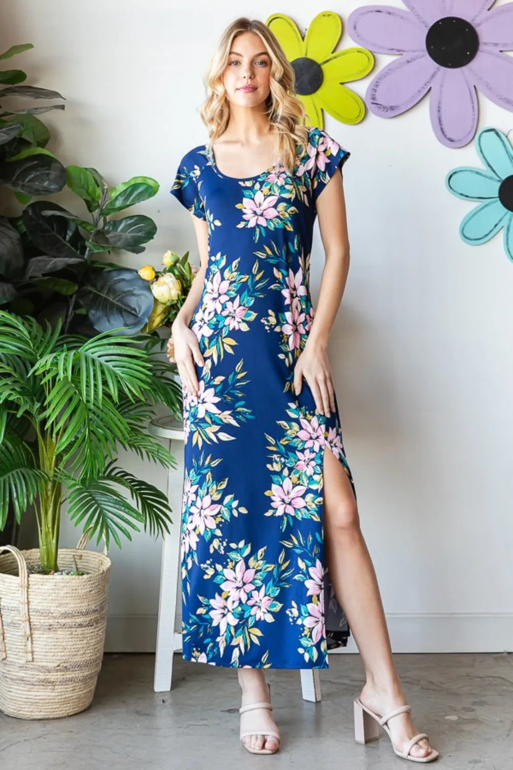 Heimish Full Size Floral Short Sleeve Slit Dress - WYNFLARE