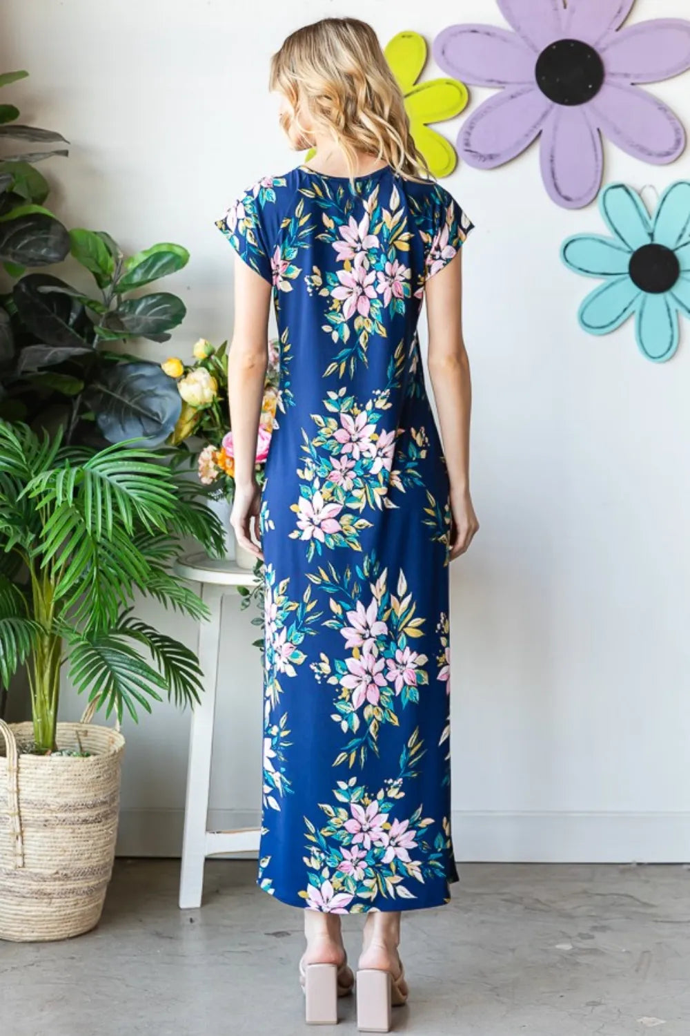 Heimish Full Size Floral Short Sleeve Slit Dress - WYNFLARE