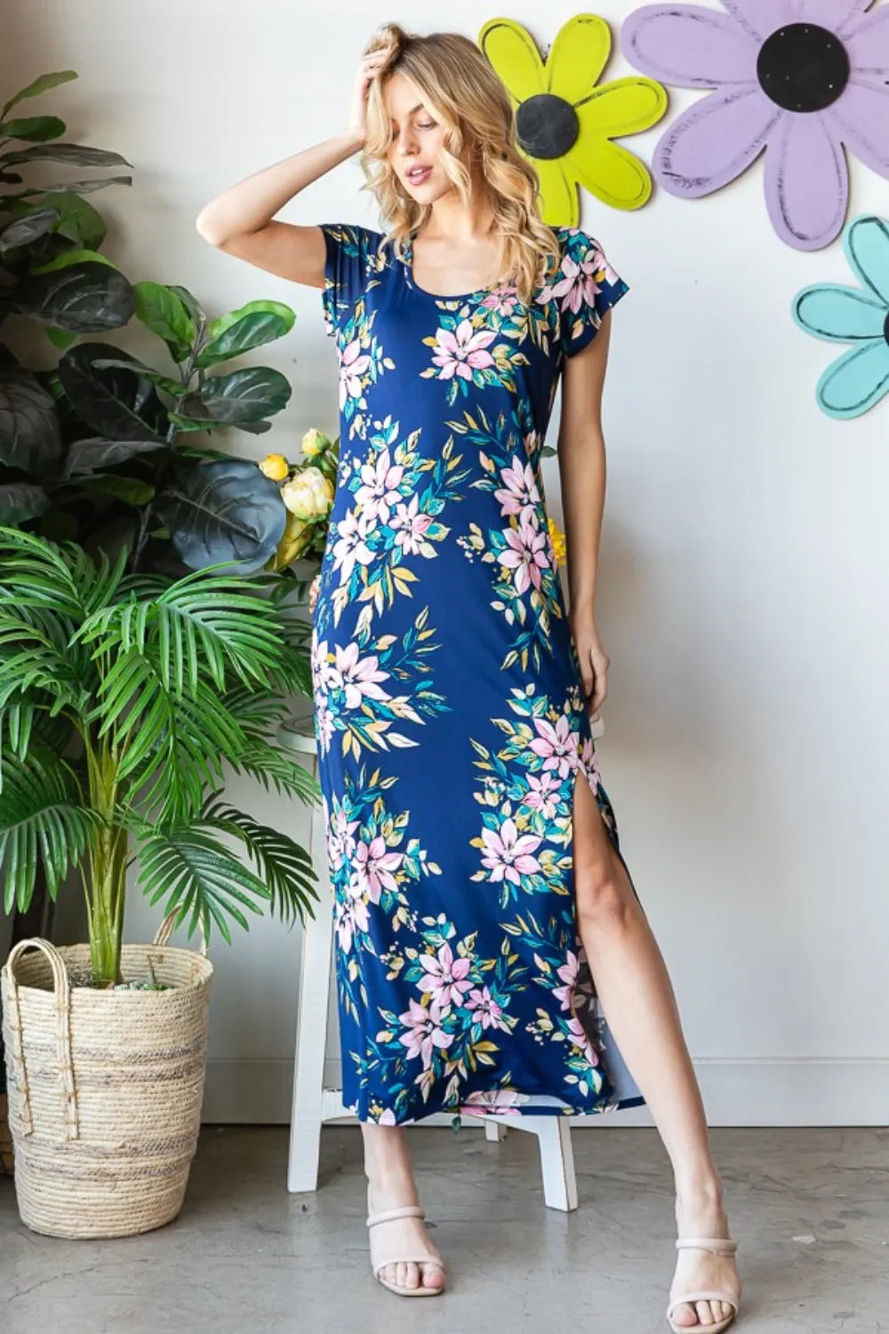 Heimish Full Size Floral Short Sleeve Slit Dress - WYNFLARE