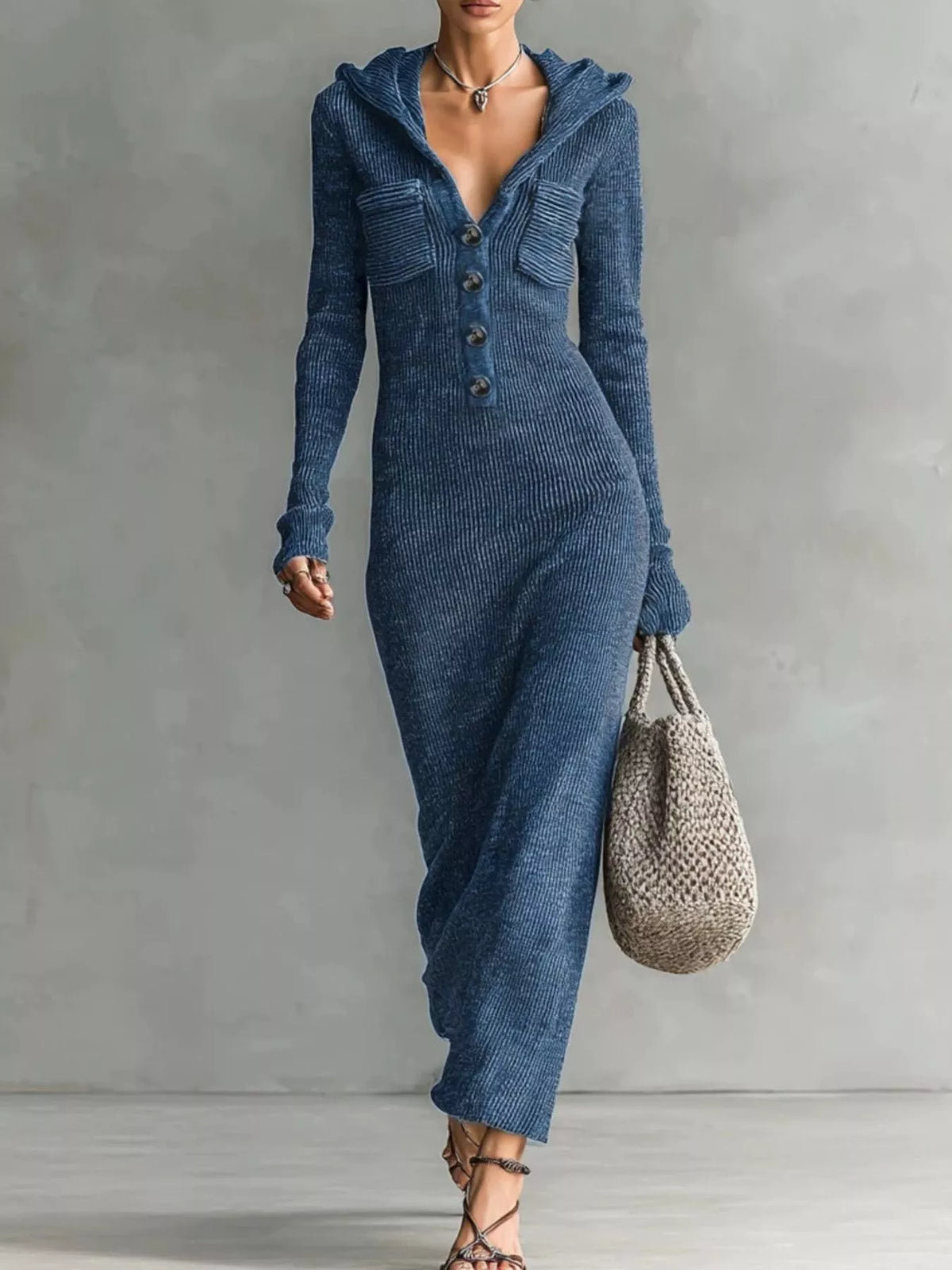 Hooded Knit Maxi Dress with Button-Up Placket and Chest Pockets - WYNFLARE