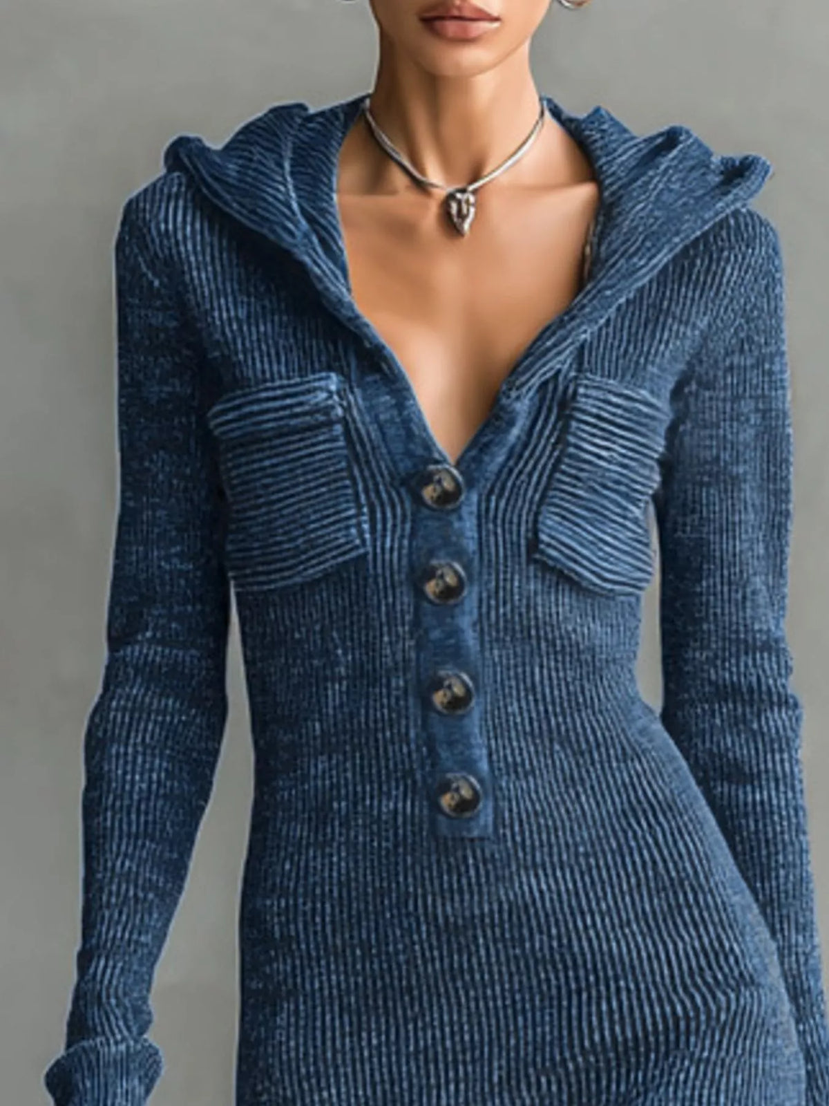 Hooded Knit Maxi Dress with Button-Up Placket and Chest Pockets - WYNFLARE