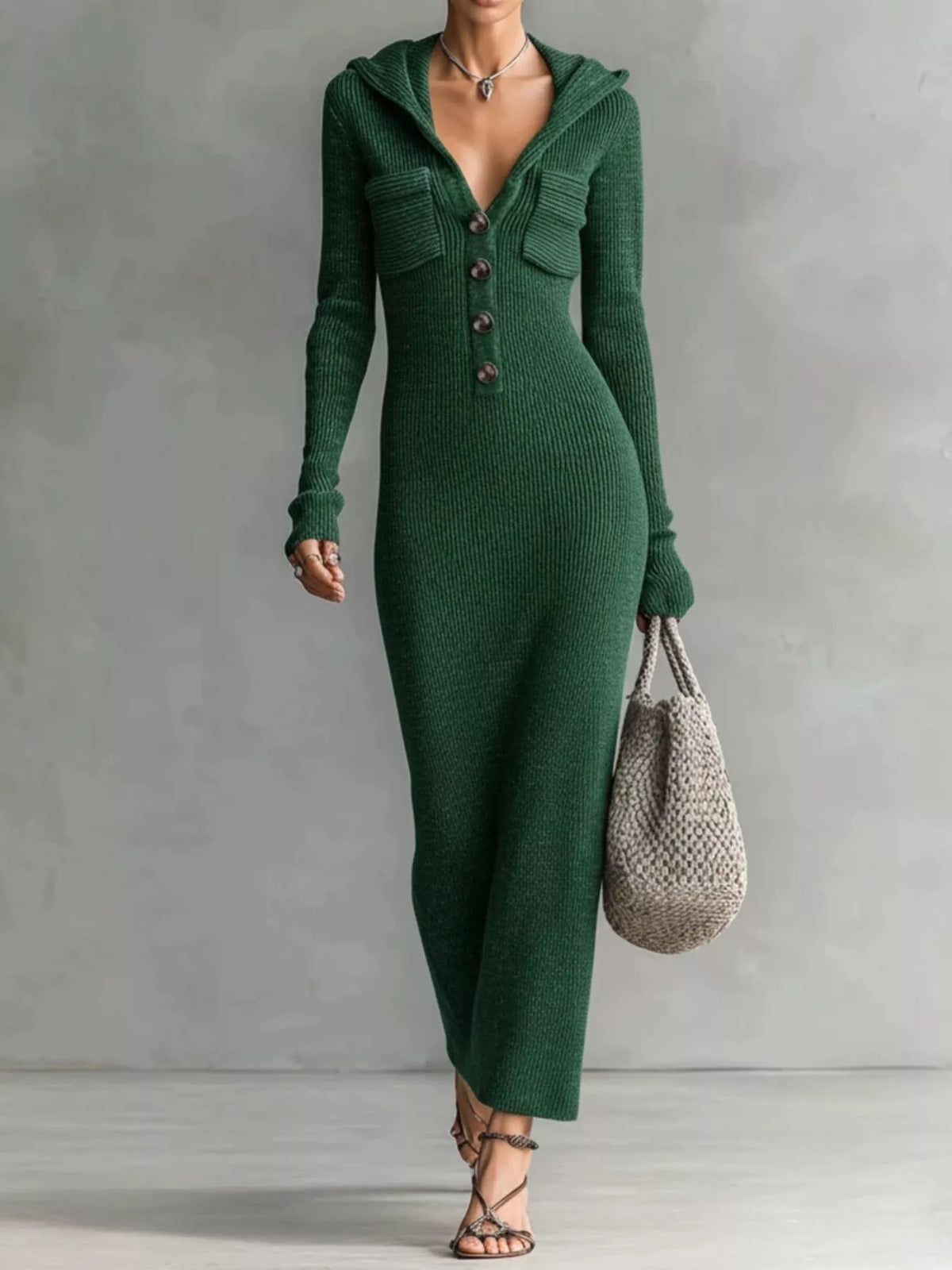 Hooded Knit Maxi Dress with Button-Up Placket and Chest Pockets - WYNFLARE