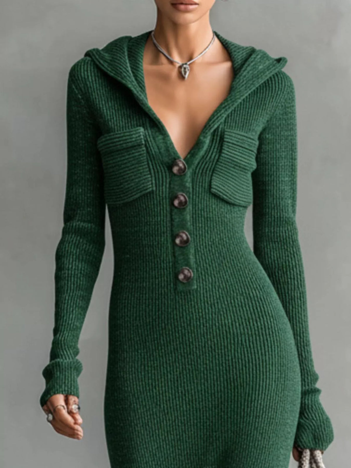 Hooded Knit Maxi Dress with Button-Up Placket and Chest Pockets - WYNFLARE
