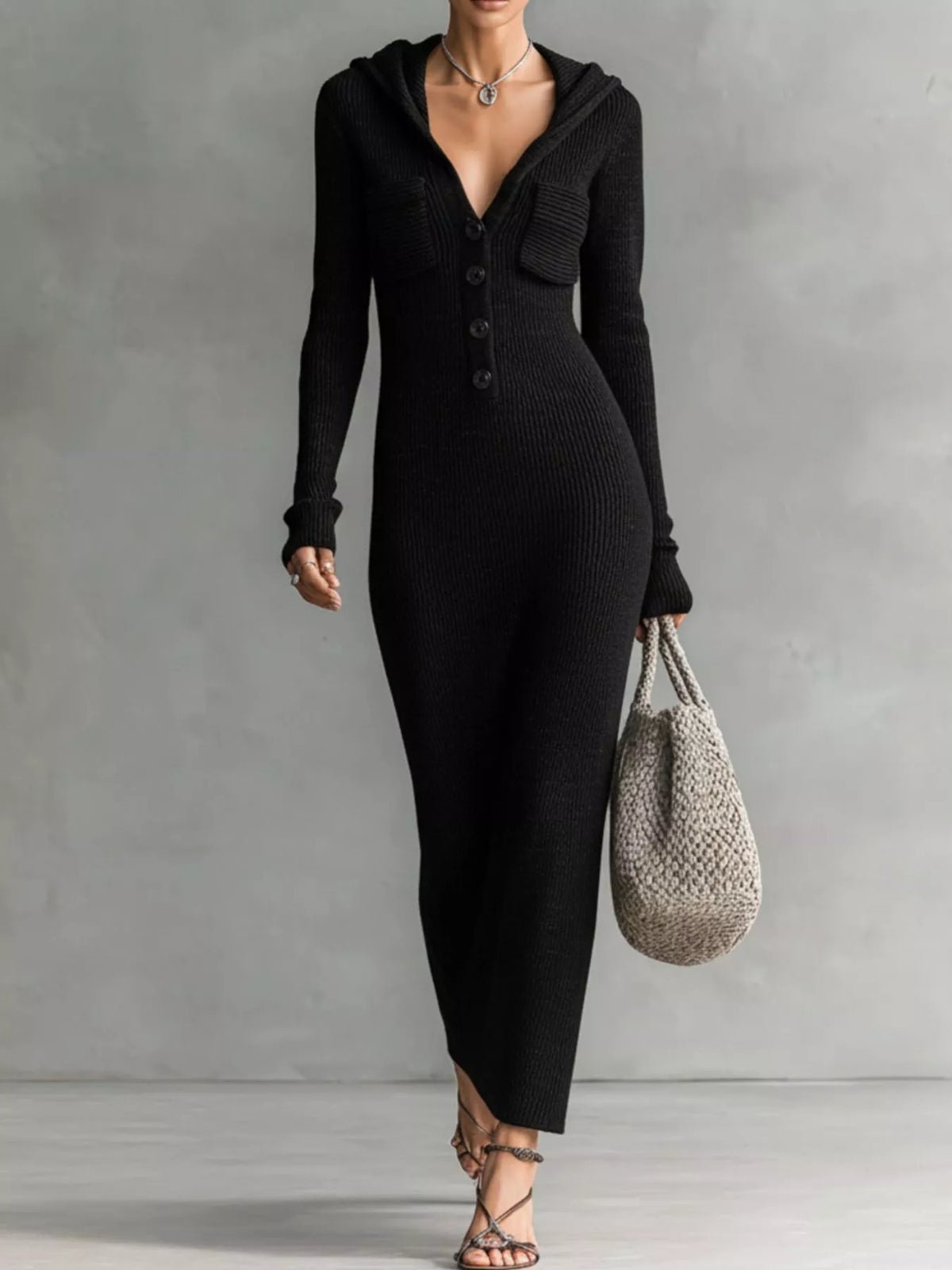 Hooded Knit Maxi Dress with Button-Up Placket and Chest Pockets - WYNFLARE