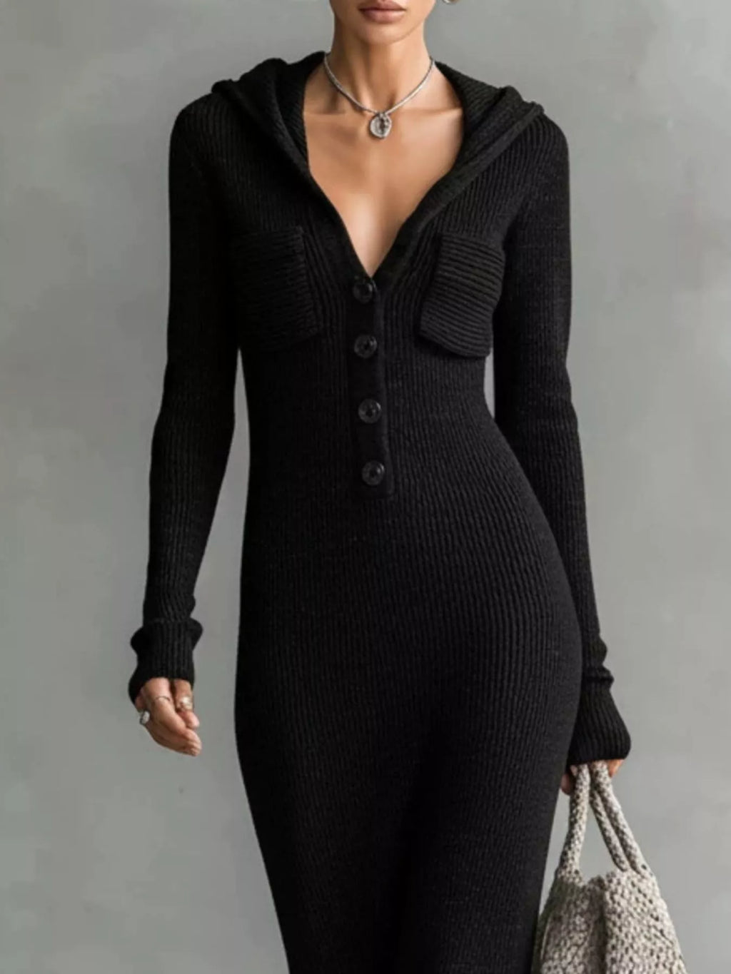 Hooded Knit Maxi Dress with Button-Up Placket and Chest Pockets - WYNFLARE