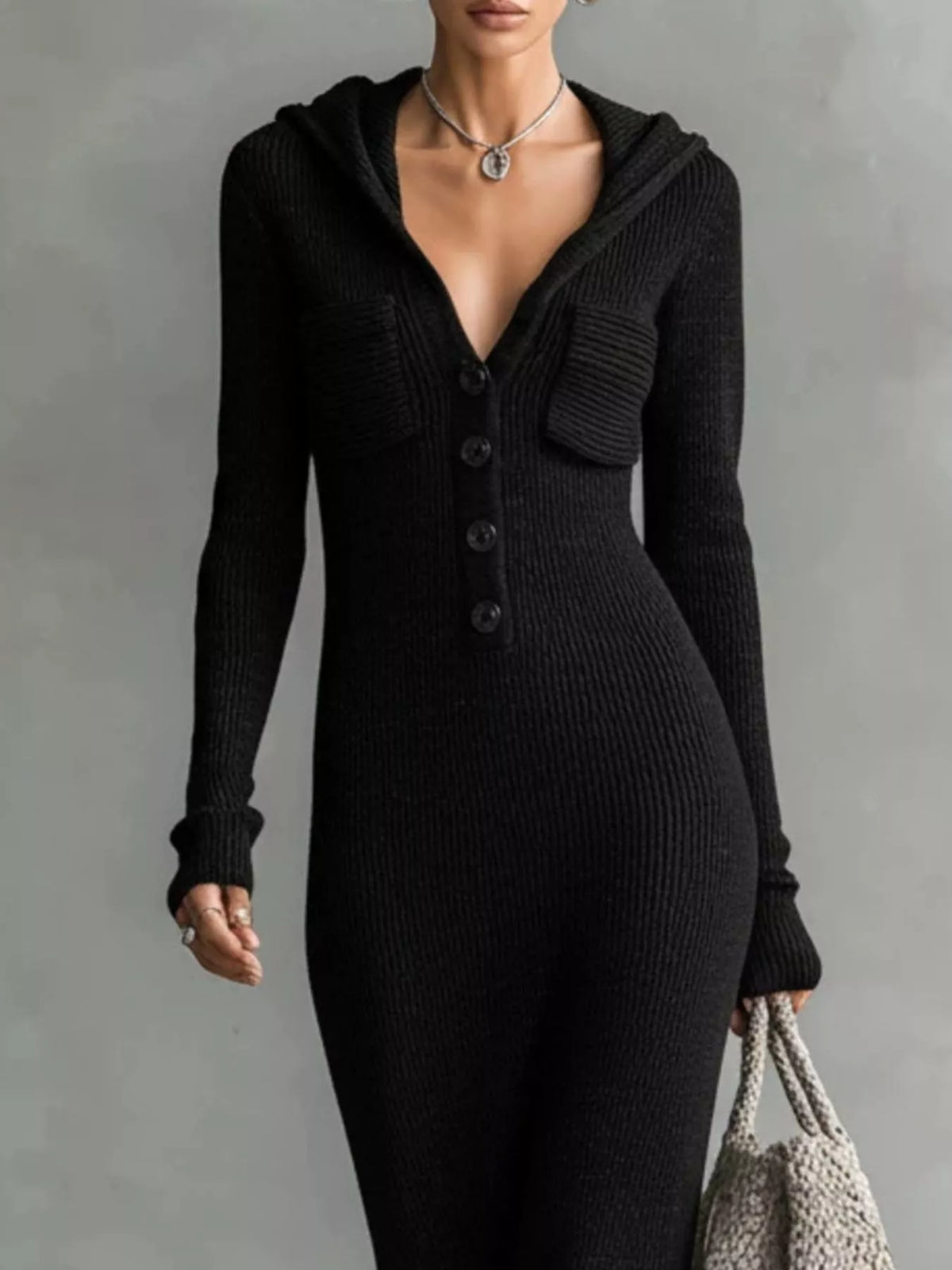 Hooded Knit Maxi Dress with Button-Up Placket and Chest Pockets - WYNFLARE