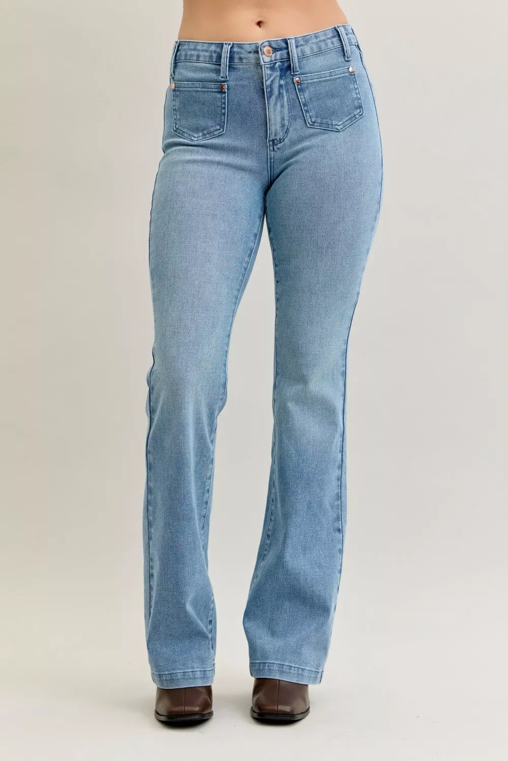 Judy Blue Full Size Mid Rise Bootcut Jeans with Contrast Wash & Front Patch Pockets Plus Size - WYNFLARE