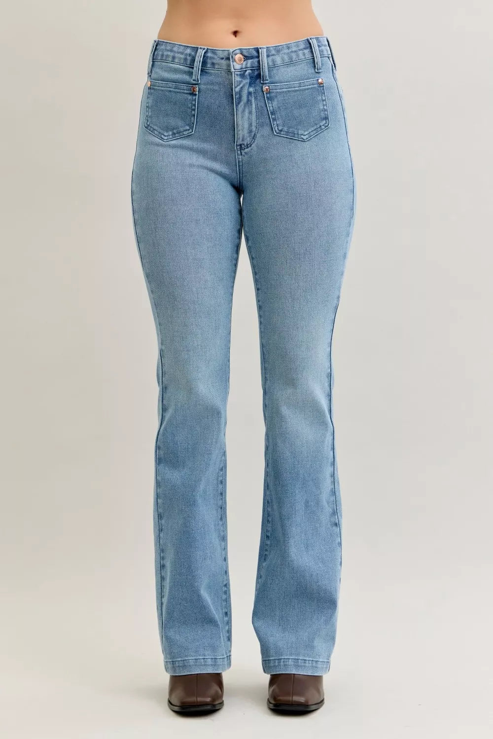 Judy Blue Full Size Mid Rise Bootcut Jeans with Contrast Wash & Front Patch Pockets Plus Size - WYNFLARE