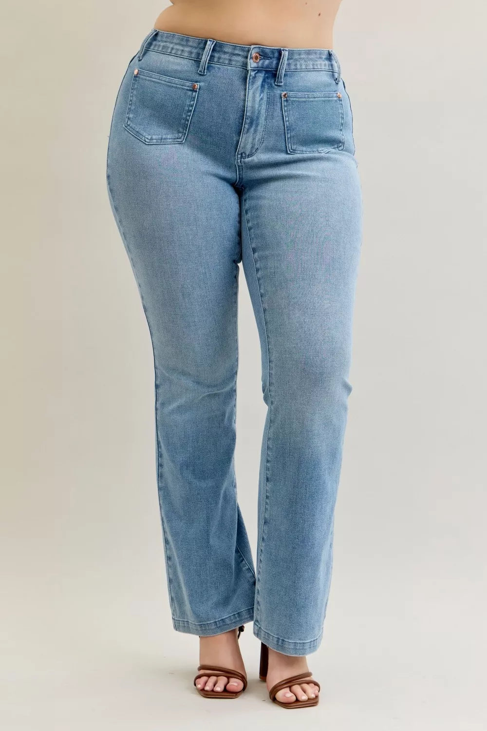 Judy Blue Full Size Mid Rise Bootcut Jeans with Contrast Wash & Front Patch Pockets Plus Size - WYNFLARE