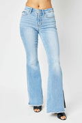 Judy Blue Full Size Mid Rise Raw Hem Slit Flare Jeans - WYNFLARE