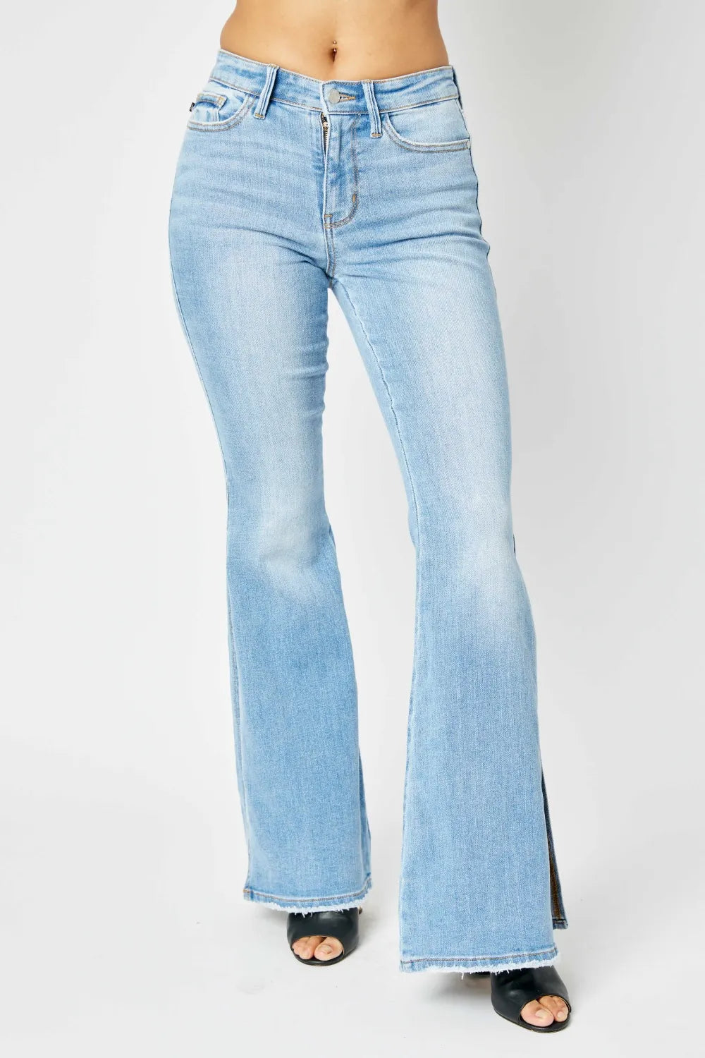 Judy Blue Full Size Mid Rise Raw Hem Slit Flare Jeans - WYNFLARE