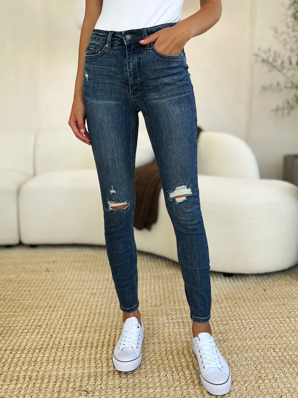 Judy Blue Full Size Mid Waist Distressed Slim Jeans - WYNFLARE