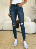 Judy Blue Full Size Mid Waist Distressed Slim Jeans - WYNFLARE