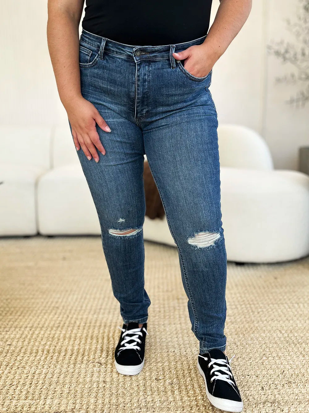 Judy Blue Full Size Mid Waist Distressed Slim Jeans - WYNFLARE