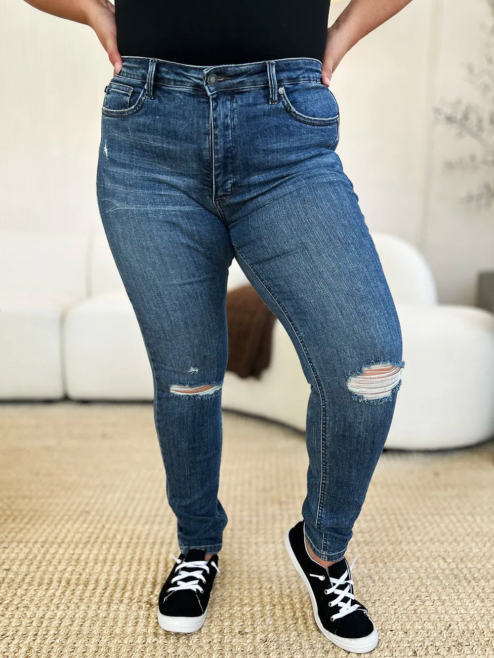 Judy Blue Full Size Mid Waist Distressed Slim Jeans - WYNFLARE