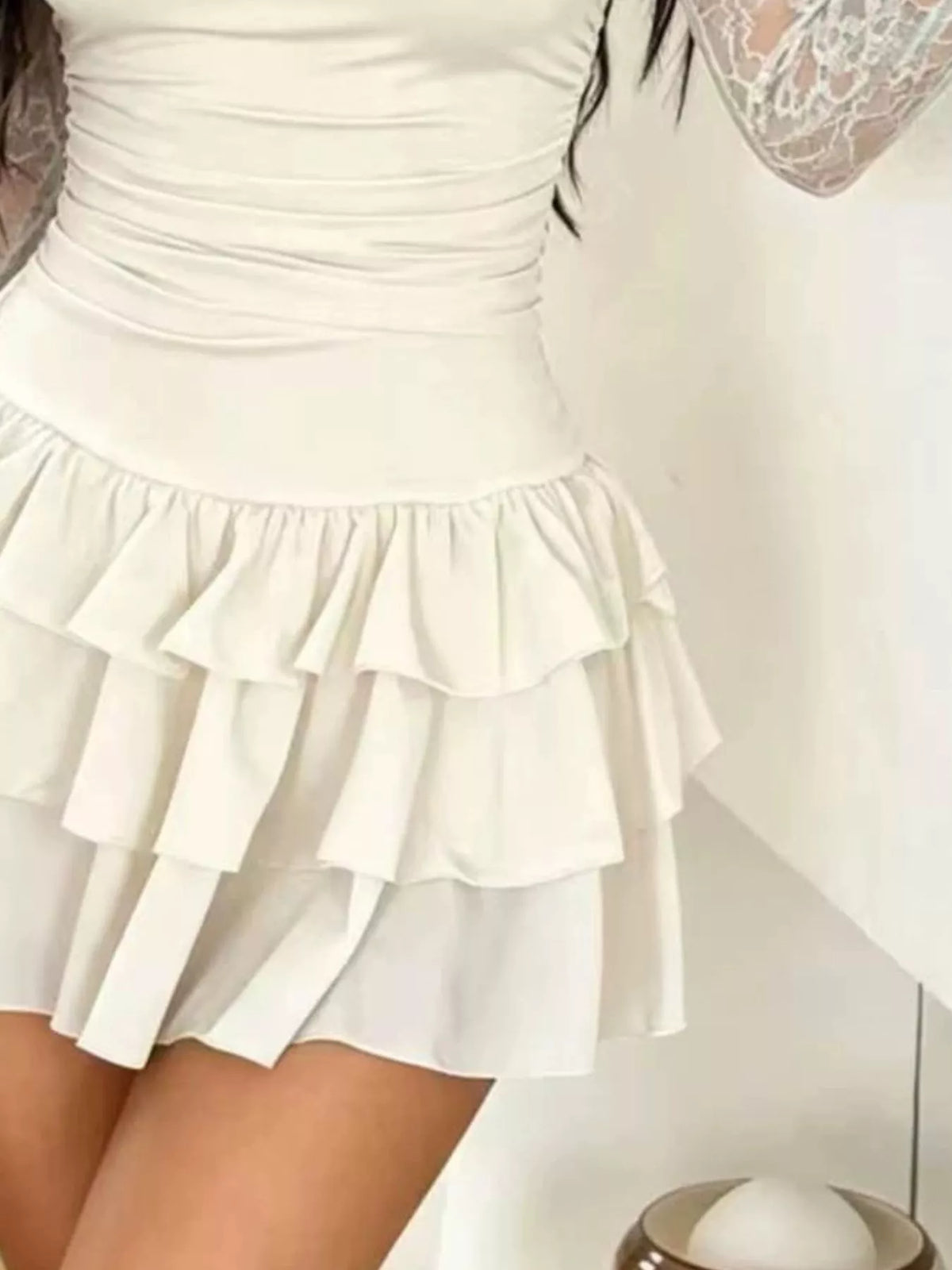 Lace Sleeve Ruffle Layered Mini Dress - WYNFLARE