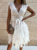 Lace V-Neck Ruffle Dress - WYNFLARE