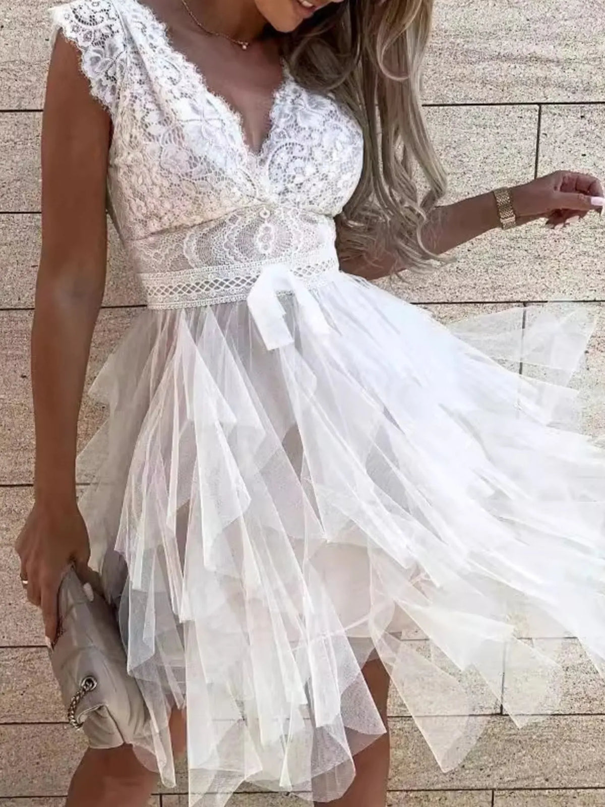 Lace V-Neck Ruffle Dress - WYNFLARE