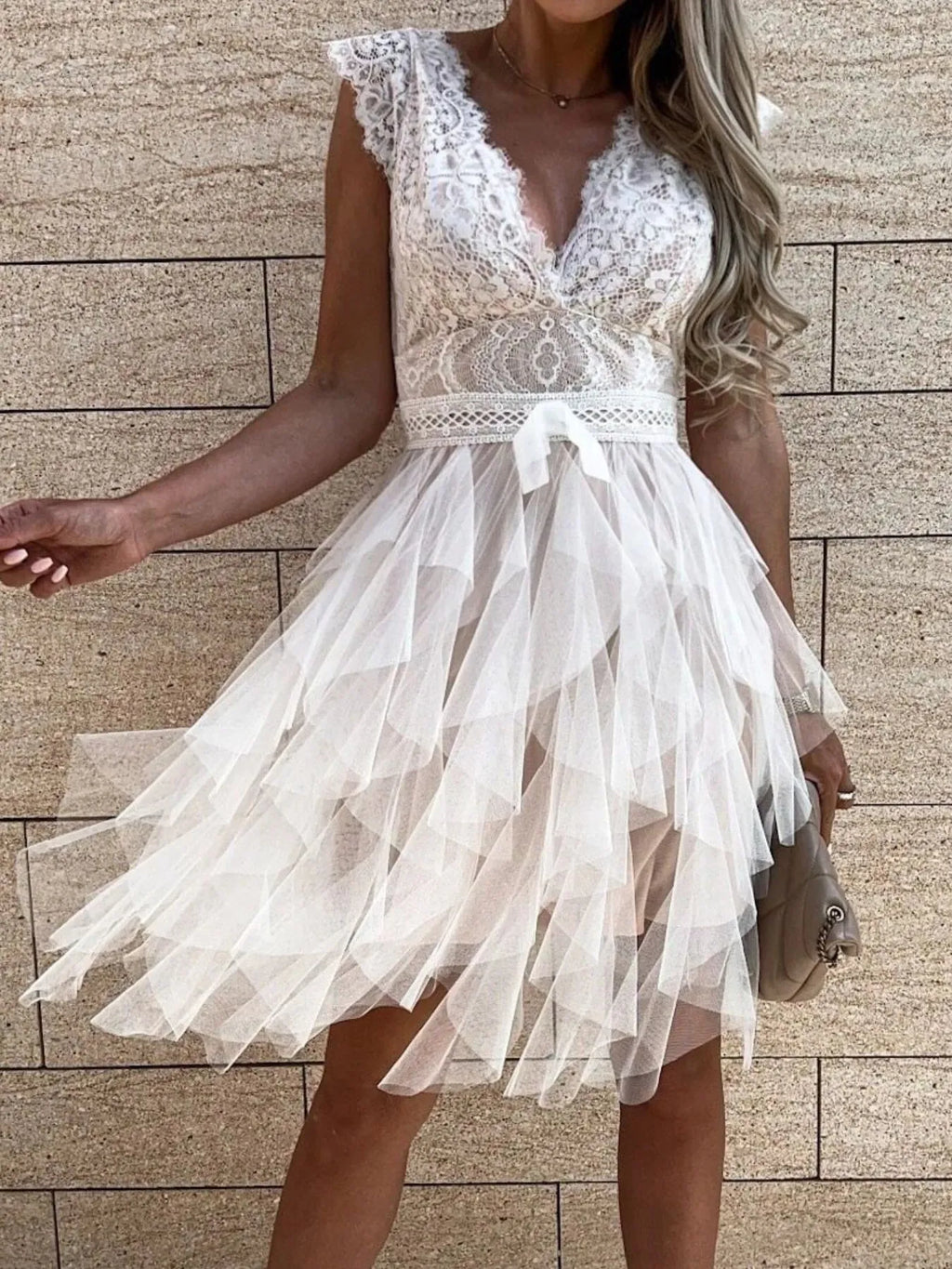 Lace V-Neck Ruffle Dress - WYNFLARE