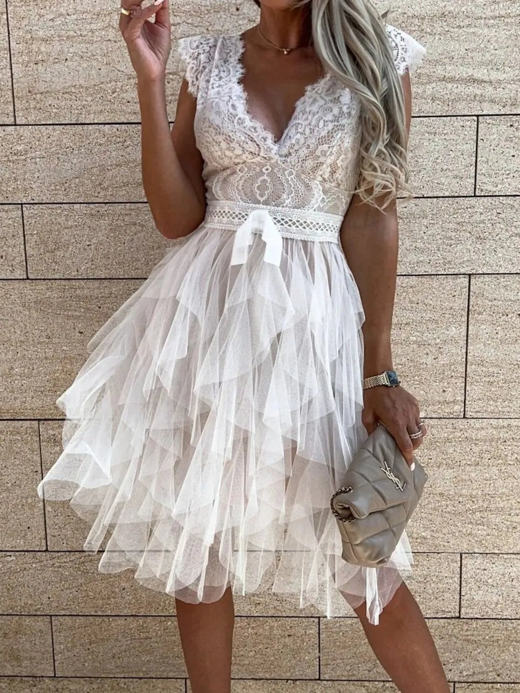 Lace V-Neck Ruffle Dress - WYNFLARE