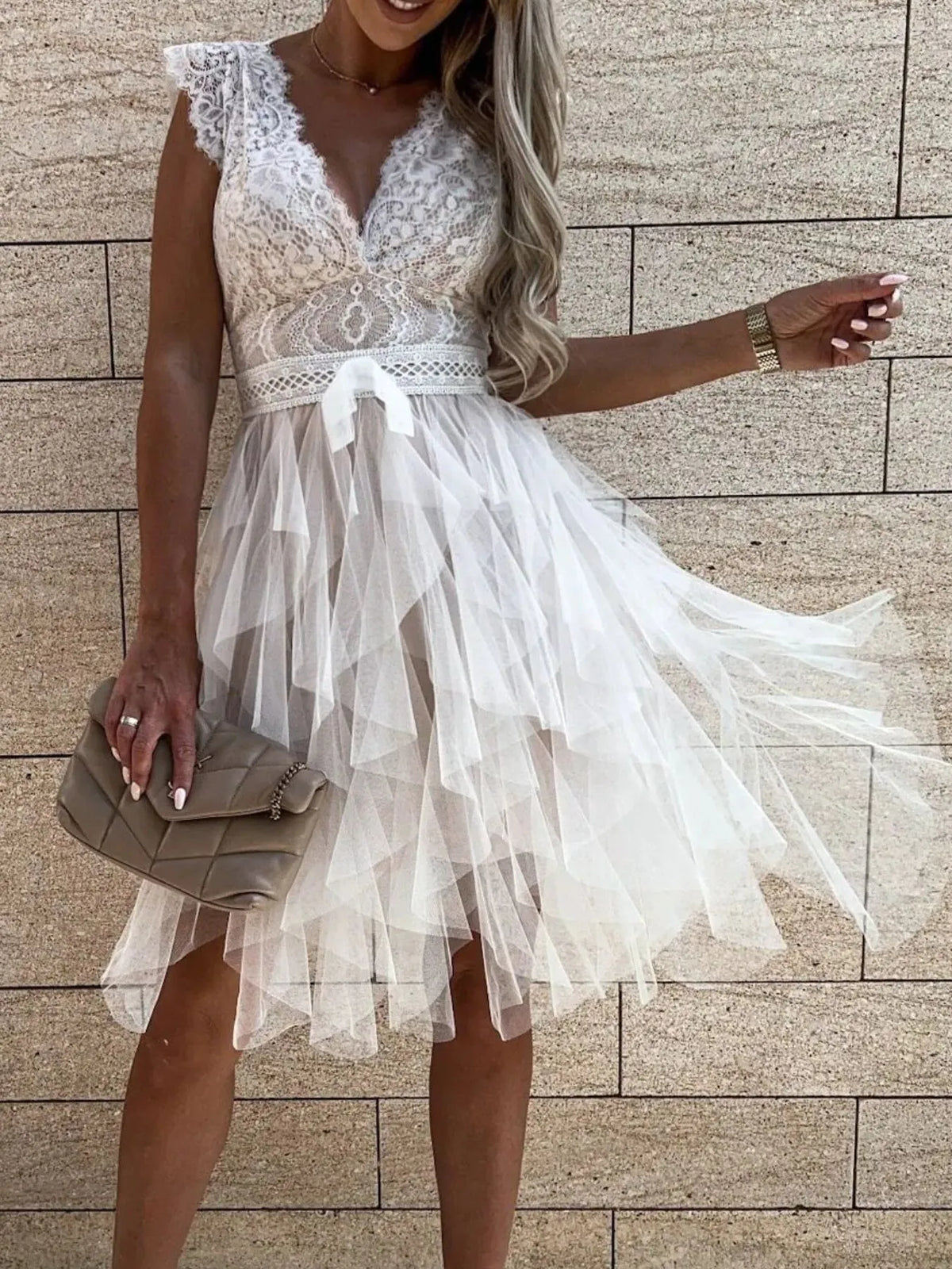 Lace V-Neck Ruffle Dress - WYNFLARE