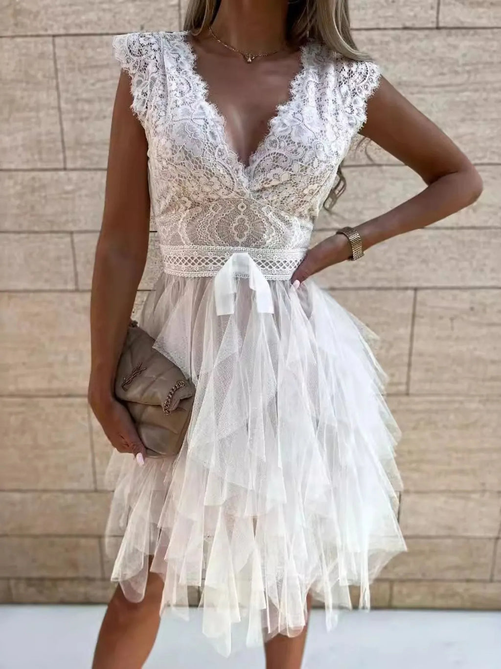 Lace V-Neck Ruffle Dress - WYNFLARE