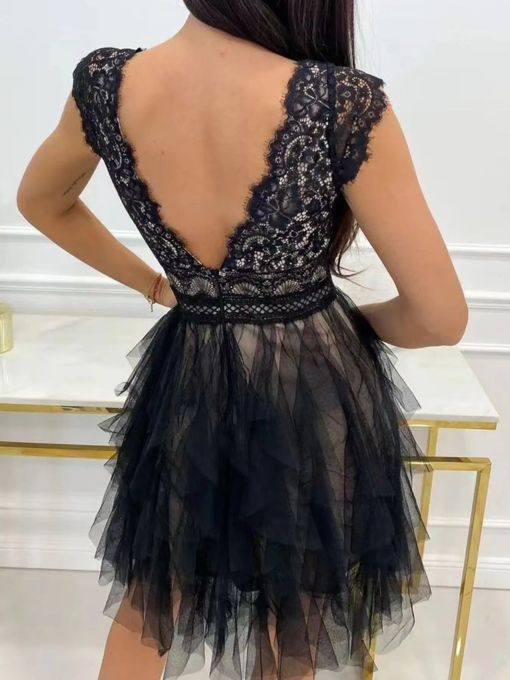 Lace V-Neck Ruffle Dress - WYNFLARE