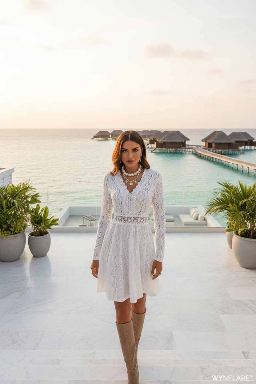 Lace V-Neck Ruffle Dress - WYNFLARE