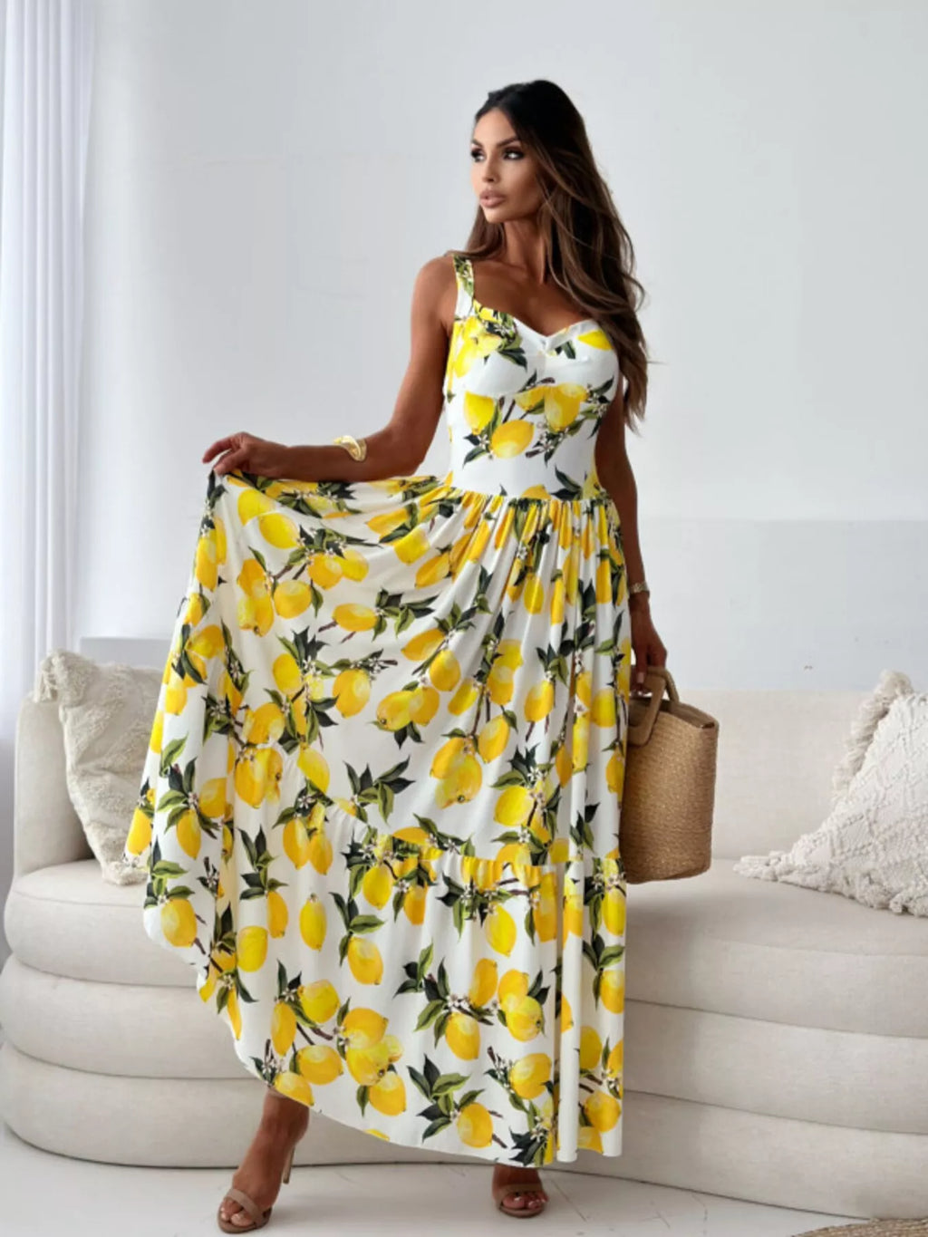 Lemon Print Spaghetti Strap Tiered Maxi Dress - WYNFLARE