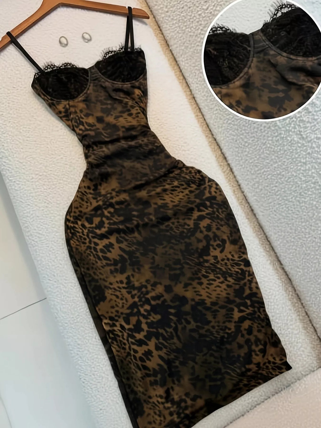 Leopard Print Lace Trim Bodycon Midi Dress - WYNFLARE