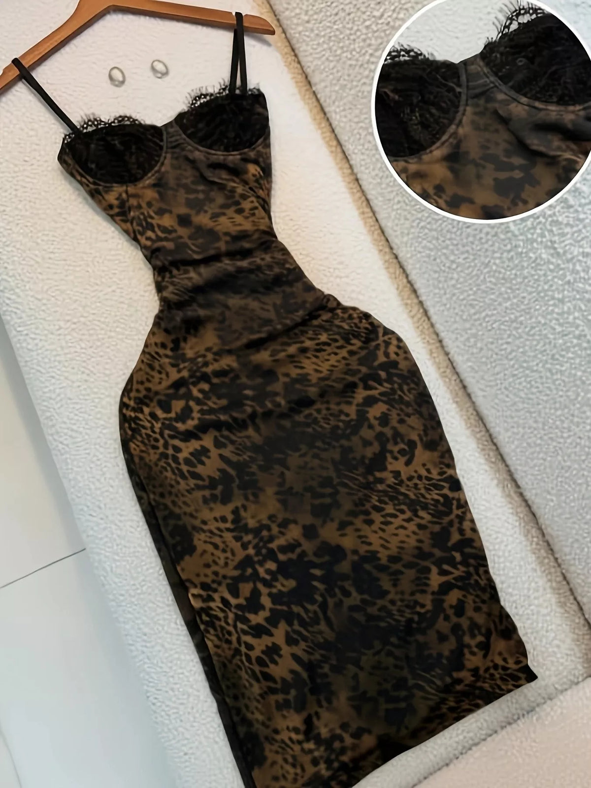Leopard Print Lace Trim Bodycon Midi Dress - WYNFLARE